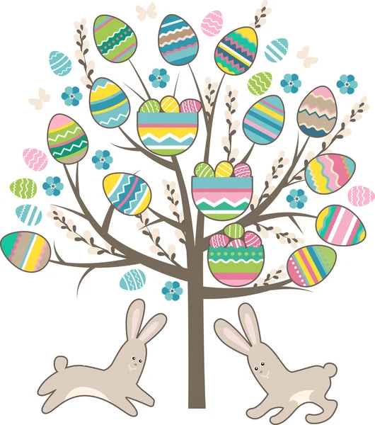 Stylized tree with rabbits isolated on white — Stock Vector