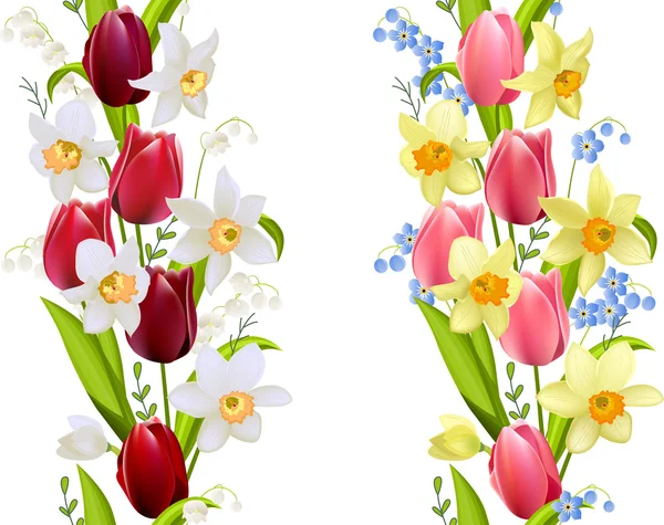 Two seamless borders with spring flowers — Stock Vector