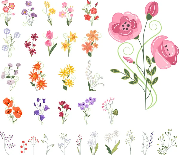 Collectie van verschillende gestileerde bloemen — Stockvector