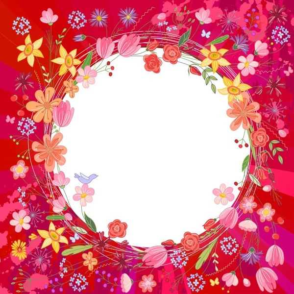 Greeting card with wreath of different flowers — Stock Vector