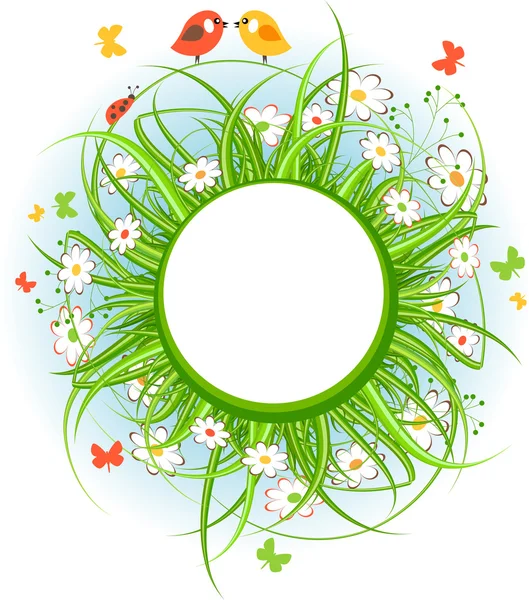 Round frame with grass and birds — Stock Vector