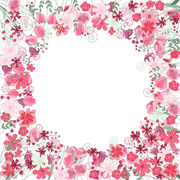 Vintage round frame with contour red flowers isolated — Stock Vector