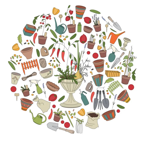 Gabarit rond avec outils de jardinage, pots de fleurs et légumes — Image vectorielle