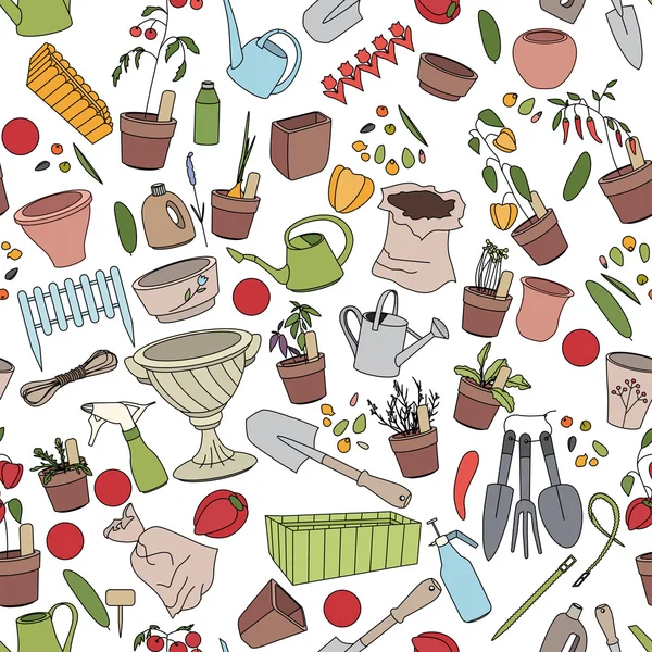 Modèle sans couture avec outils de jardinage, pots de fleurs et légumes — Image vectorielle
