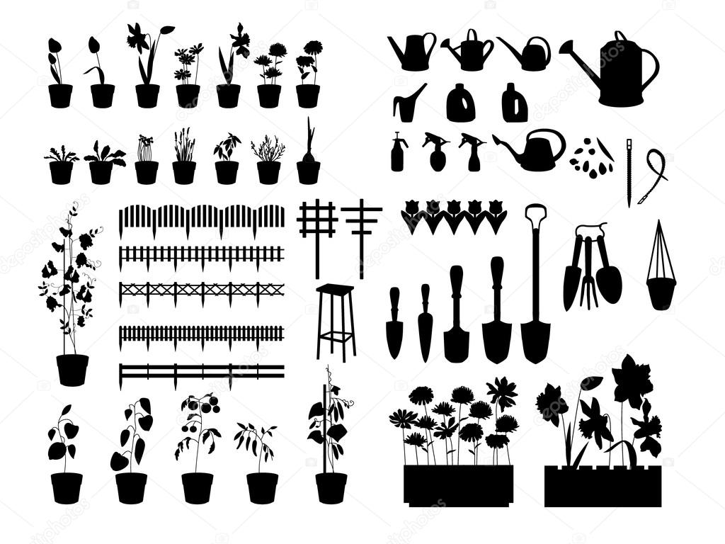 Black silhouettes of gardening tools, plants, flowers isolated on white