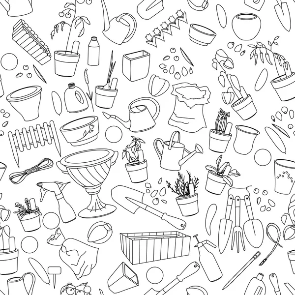 Seamless pattern with gardening tools, flower pots,herbs and vegetables. — Stock Vector