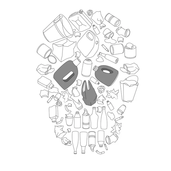 Environment pollution. Cotour black-and-white skull made of garbage isolated on white — Stock Vector