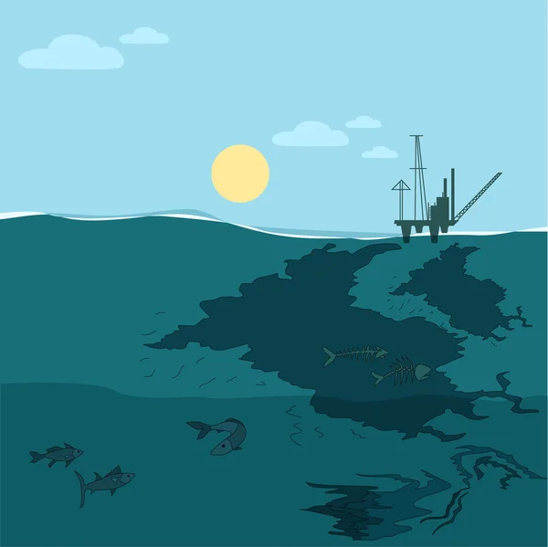 Plateforme pétrolière dans l'océan. Pollution de l'eau . — Image vectorielle