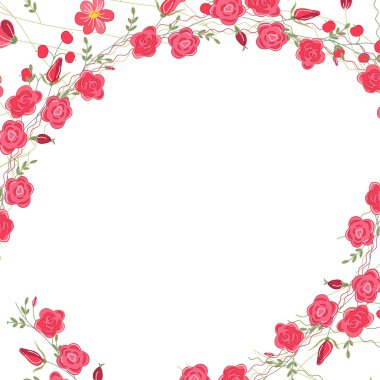 Detailed contour square frame with herbs, roses and wild flowers isolated on white.