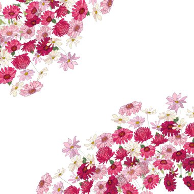 Detailed contour square frame with herbs, gerbera and other flowers isolated on white. Greeting card for your design.