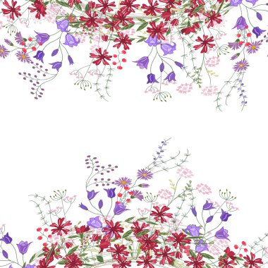 Detailed contour square frame with herbs, bluebells and wild flowers isolated on white. Greeting card for your design.