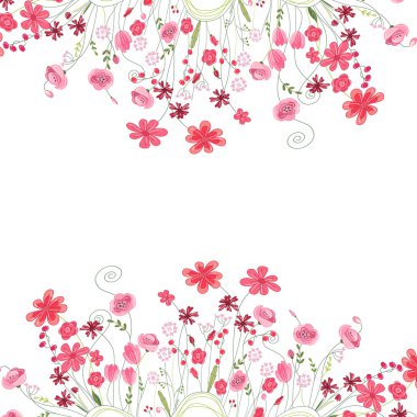 Detailed contour square frame with herbs, roses and wild flowers isolated on white. Greeting card for your design.
