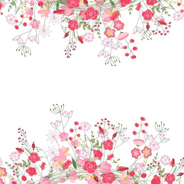 Detailed contour square frame with herbs, roses and wild flowers isolated on white. Greeting card for your design. clipart