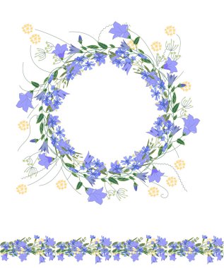 Detailed contour wreath and seamless pattern brush withbluebells and herbs isolated on white. Endless horizontal texture for your design