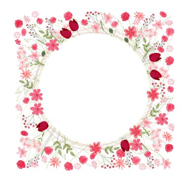 Detailed contour wreath with herbs, tulips and wild flowers isolated on white. Round frame for your design