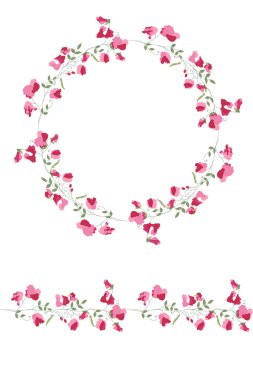 Detailed contour wreath and seamless pattern brush with sweet peas isolated on white. Endless horizontal texture.