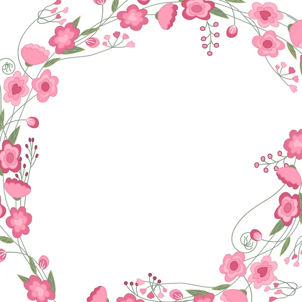Detailed contour square frame with herbs, roses and wild flowers isolated on white. — Stockvector