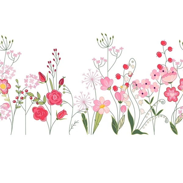 Seamless pattern brush with herbs, roses and wild flowers. Endless horizontal texture. — Stockvector