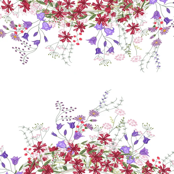 Detailed contour square frame with herbs, bluebells and wild flowers isolated on white. Greeting card for your design. — 图库矢量图片