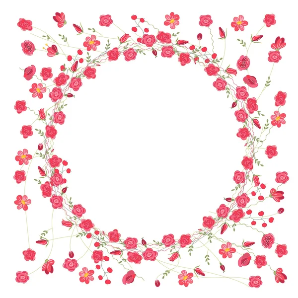 Detailed contour wreath with herbs, roses and wild flowers isolated on white. Round frame for your design — ストックベクタ