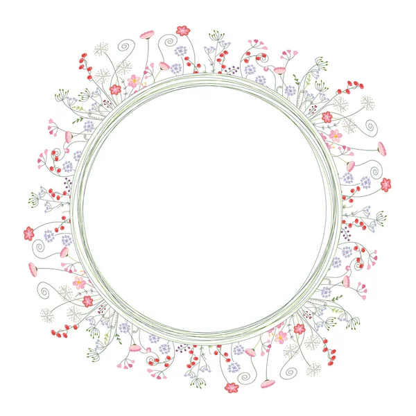Detailed contour wreath with berries and herbs isolated on white. Round frame for your design — Stock Vector