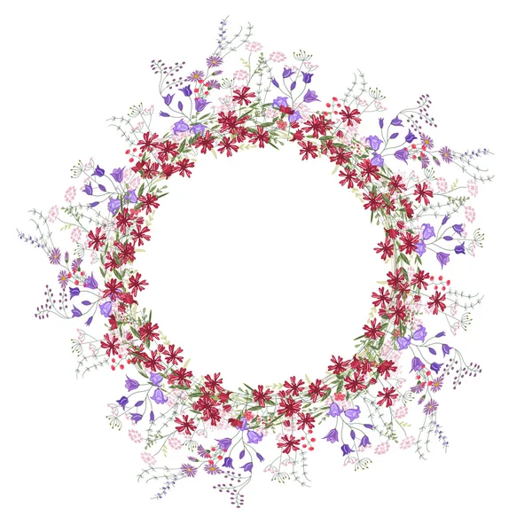 Detailed contour wreath with bluebells, carnations and wild flowers isolated on white. Round frame for your design — Stok Vektör