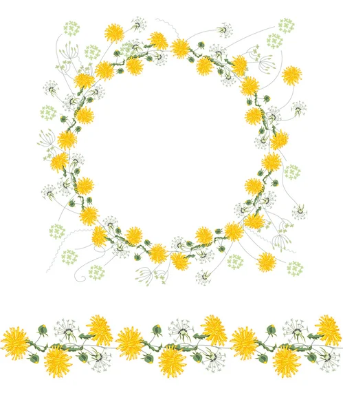 Detailed contour wreath and seamless pattern brush with dangelions and herbs isolated on white. Endless horizontal texture. — Stockvector