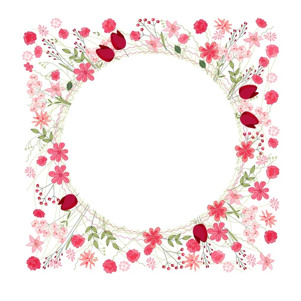 Detailed contour wreath with herbs, tulips and wild flowers isolated on white. Round frame for your design — Stockvector