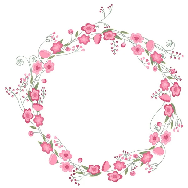 Detailed contour wreath with herbs, roses and wild flowers isolated on white. Round frame for your design — Stock vektor