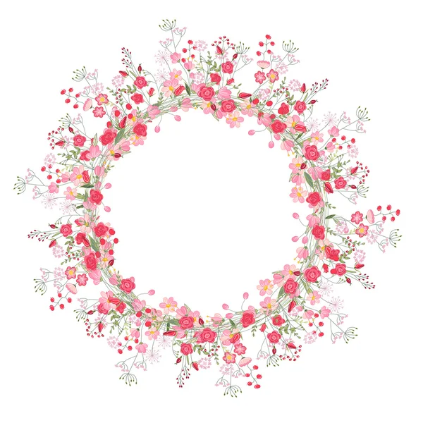 Corona de contorno detallada con hierbas, rosas y flores silvestres aisladas en blanco. Marco redondo para su diseño — Vector de stock