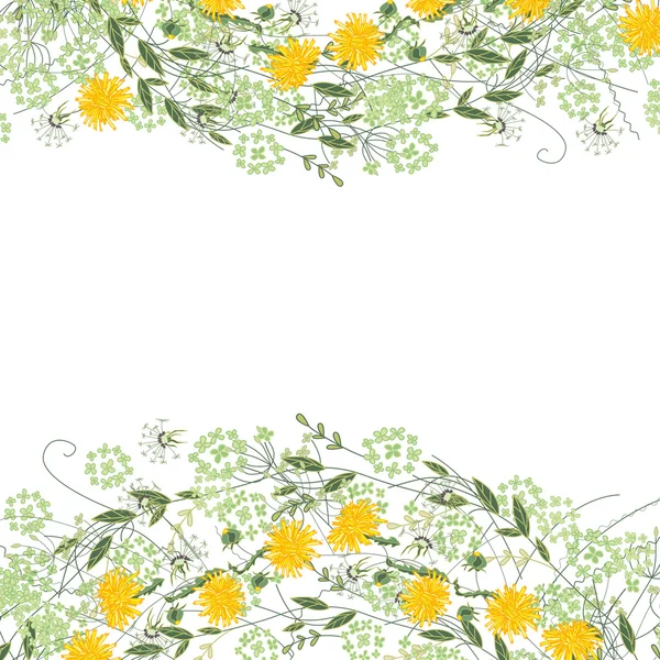 Detailed contour square frame with herbs, daisy and other flowers isolated on white. Greeting card for your design. — 스톡 벡터