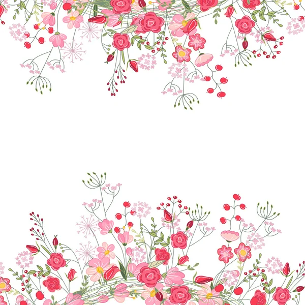 Detailed contour square frame with herbs, roses and wild flowers isolated on white. Greeting card for your design. — 스톡 벡터