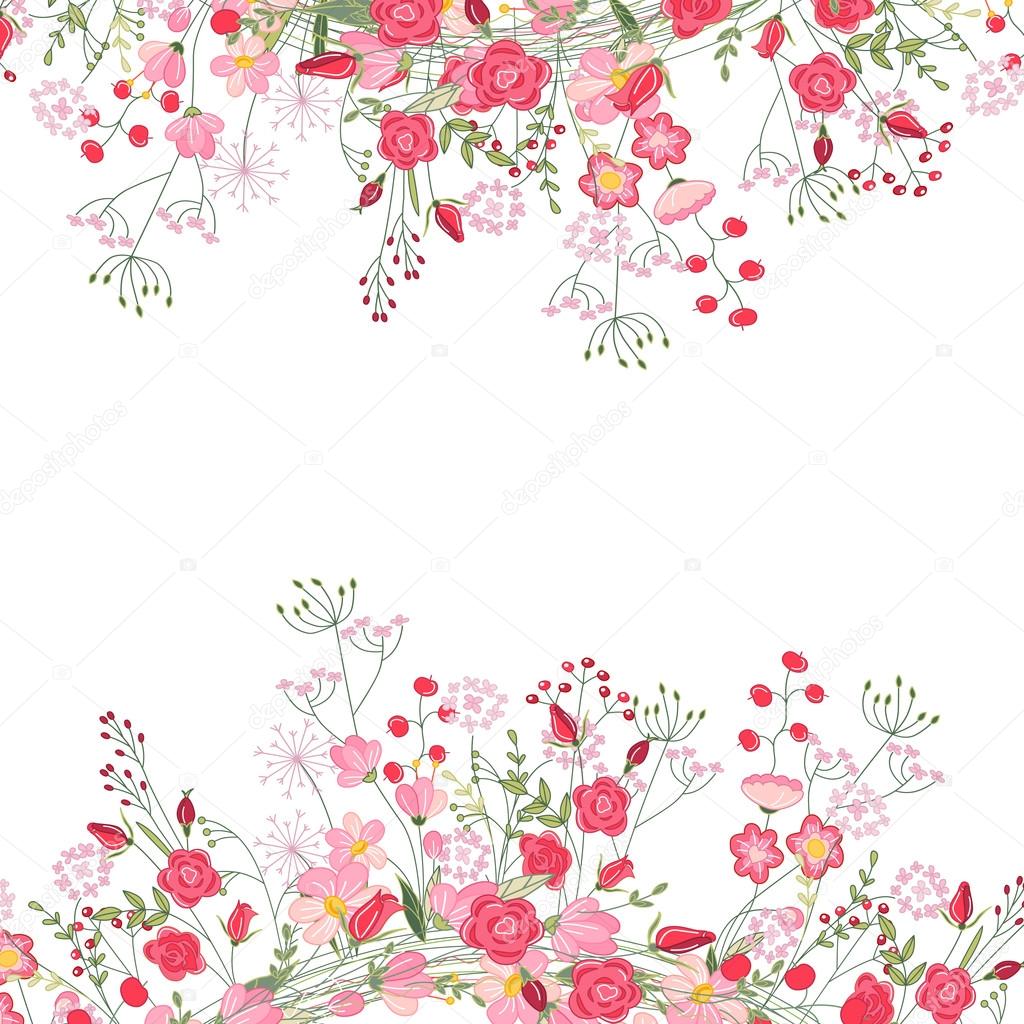 Detailed contour square frame with herbs, roses and wild flowers isolated on white. Greeting card for your design.