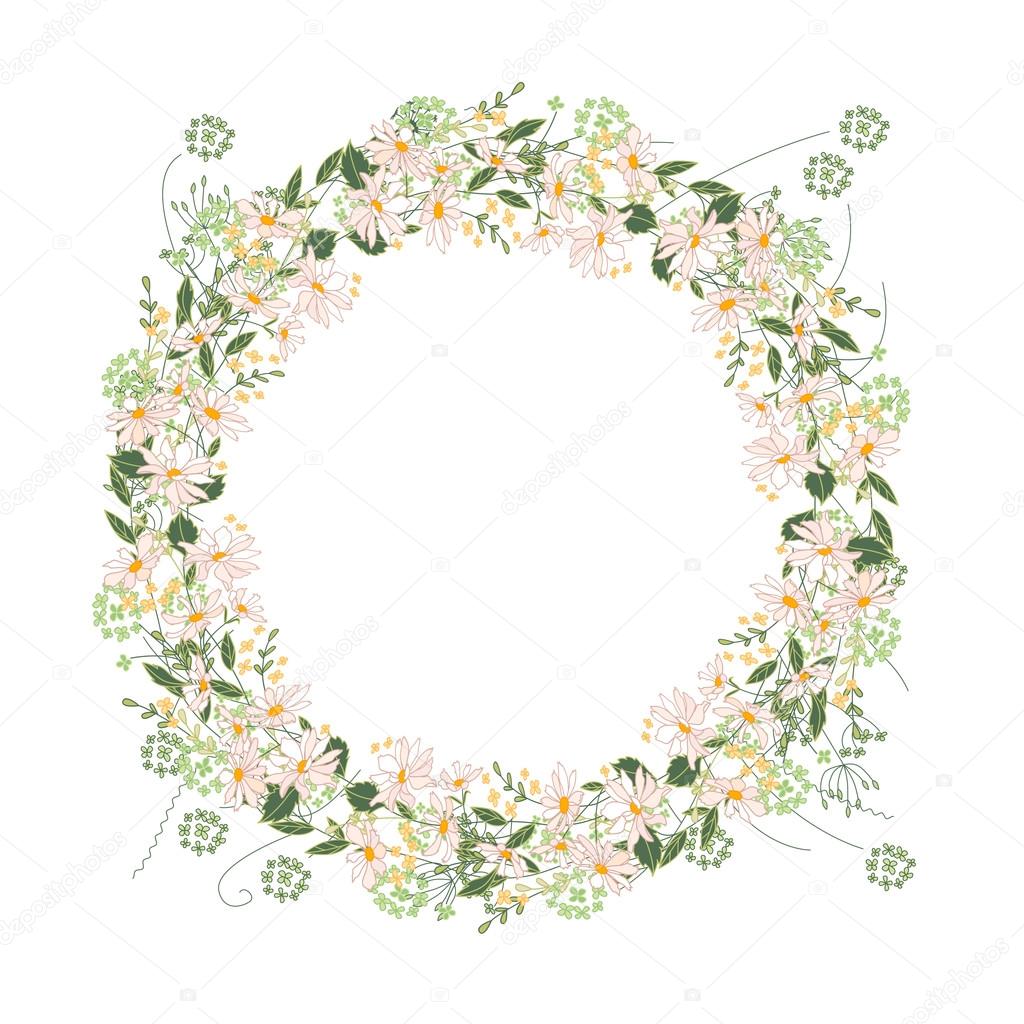 Detailed contour wreath with herbs, daisy and wild flowers isolated on white. Round frame for your design