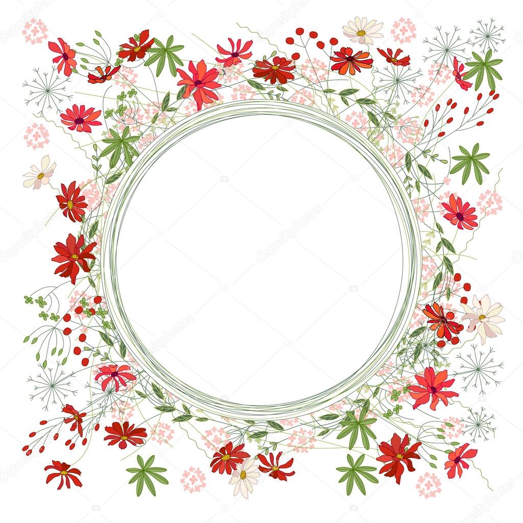 Detailed contour wreath with herbs, daisy and wild flowers isolated on white. Round frame for your design