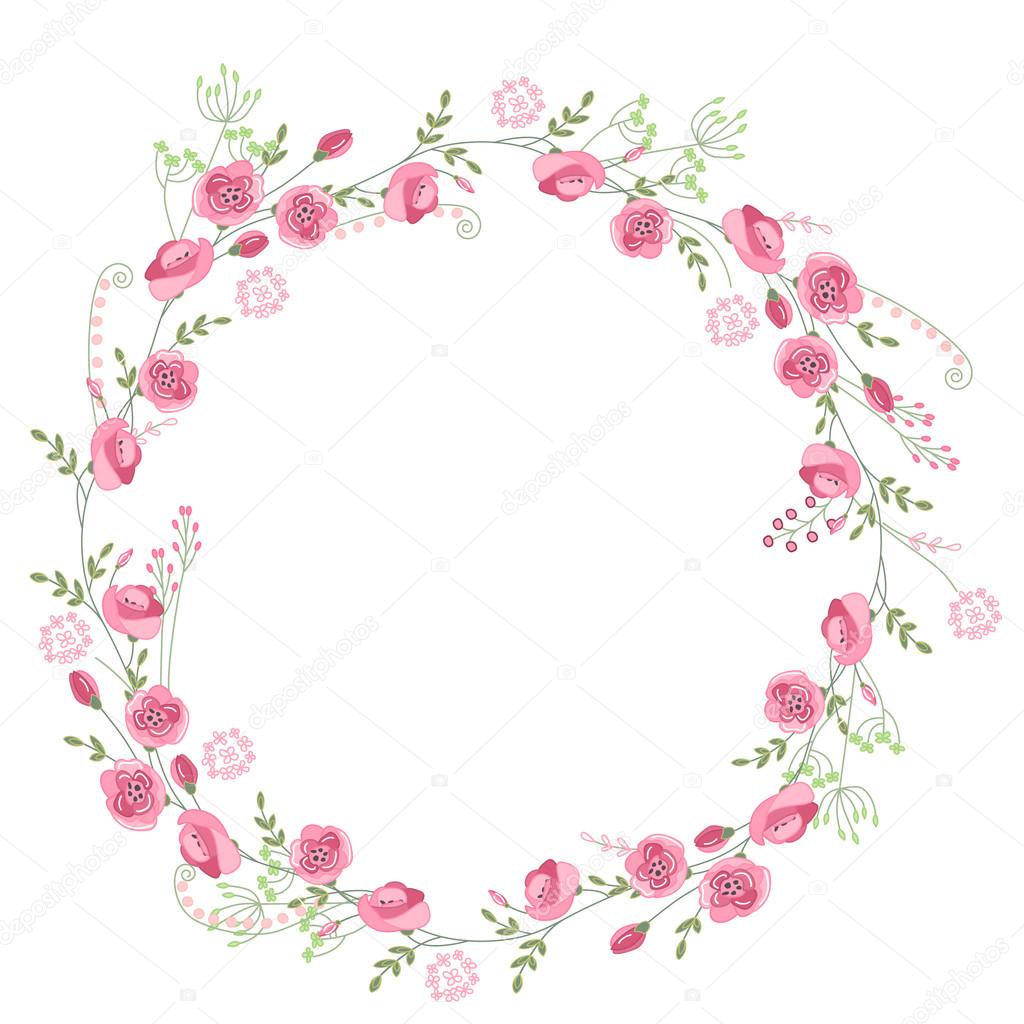 Detailed contour wreath with herbs, roses and wild flowers isolated on white. Round frame for your design