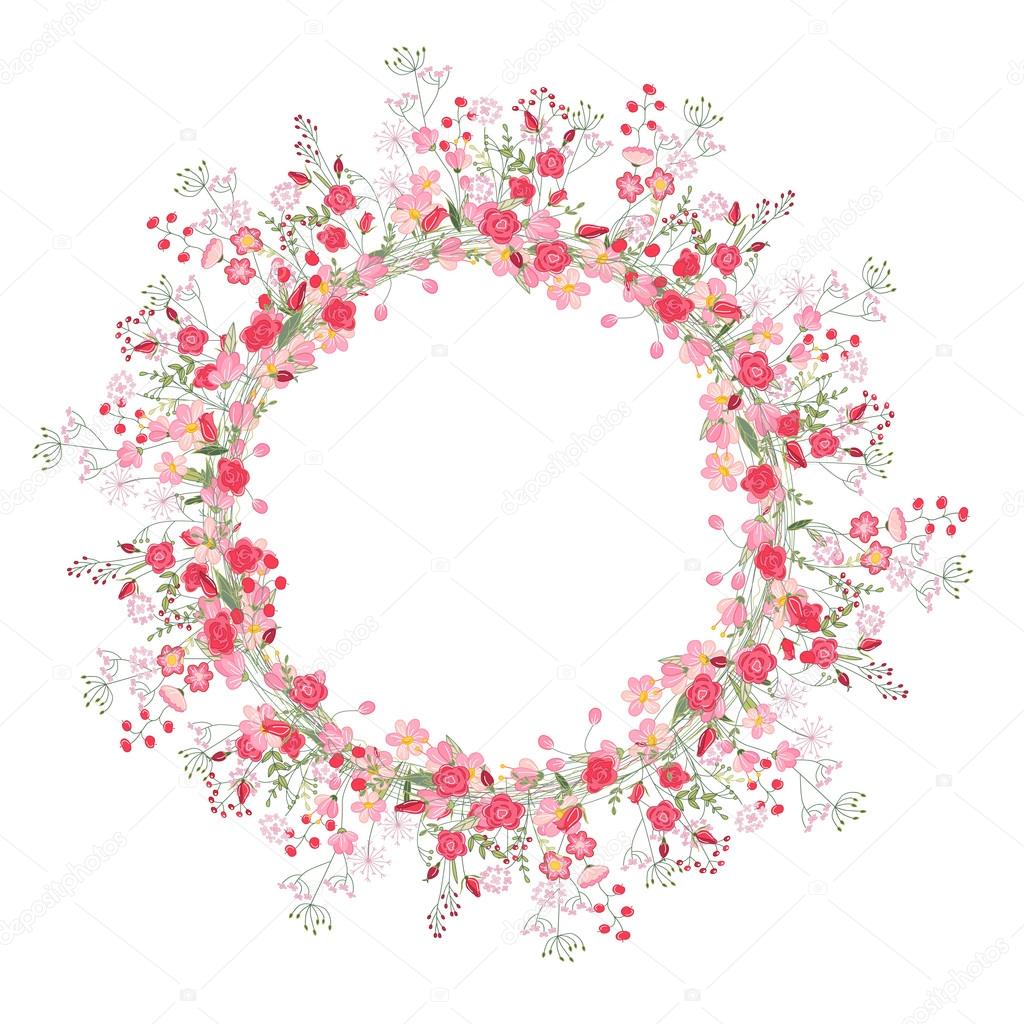 Detailed contour wreath with herbs, roses and wild flowers isolated on white. Round frame for your design