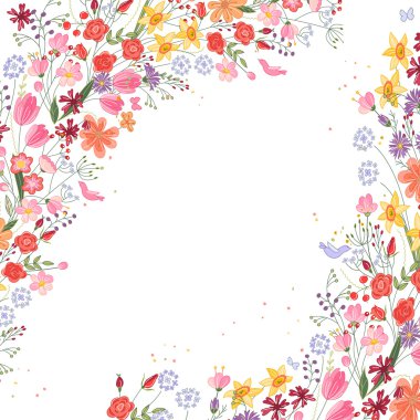 Vintage square frame with contour field flowers