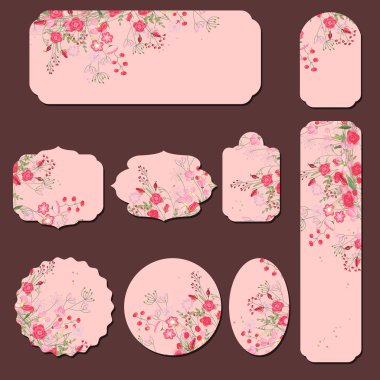 Collection with different paper labels. Round,square,rectangular, different shapes. Red and pink roses and herbs.