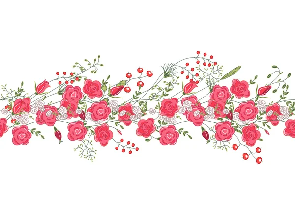 Seamless pattern brush with roses and herbs. — Stock Vector