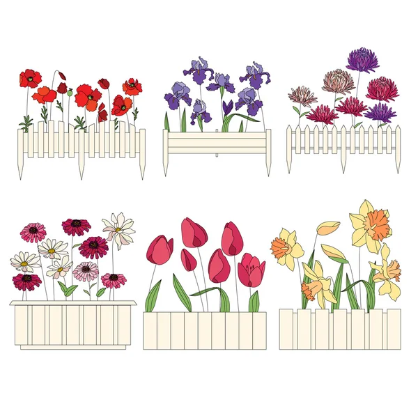 Květináče s pěstované květiny. Dekorativní plot. — Stockový vektor