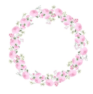 Düğünçiçeği, otlar ve stilize çiçeklerle beyaz izole kontur çelenk ayrıntılı.