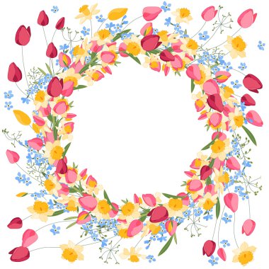 Detaylı kontur çelenk withtulips ve üzerinde beyaz izole nergis.