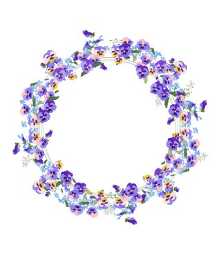 Korun ve viyola çiçeklerle beyaz izole detaylı kontur çelenk.