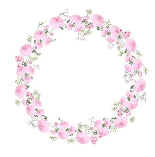 Gedetailleerde contour krans met ranunculus, kruiden en gestileerde bloemen geïsoleerd op wit. — Stockvector