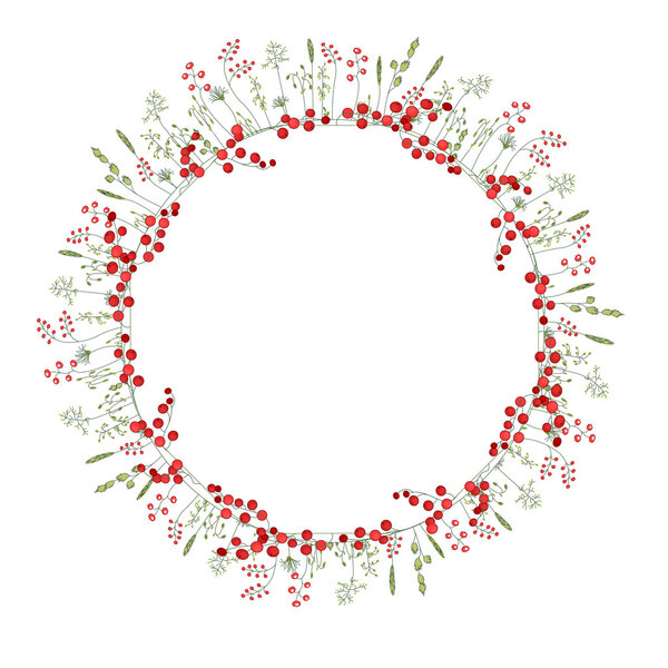 Detailed contour wreath with herbs,red,berries and wild stylized flowers isolated on white.