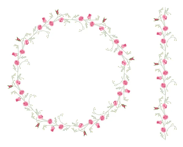 Corona de contorno detallada con hierbas y flores estilizadas silvestres aisladas en blanco . — Vector de stock