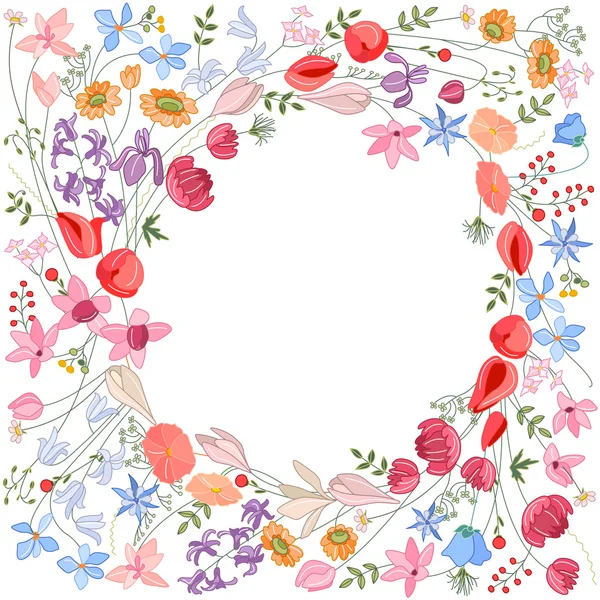 Λεπτομερείς περιγράμματος στεφάνι με βότανα και άγρια στυλιζαρισμένα λουλούδια που απομονώνονται σε λευκό. — Διανυσματικό Αρχείο