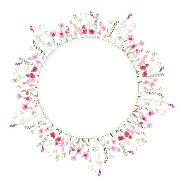 ハーブや野生の様式化された花が白で隔離と詳細な輪郭花輪. — ストックベクタ