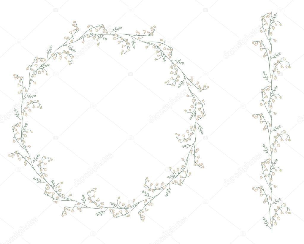 Detailed contour wreath withlilies of the valley isolated on white.